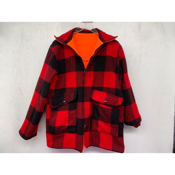 Woolrich Mens LG Vintage Wool Buffalo Red Plaid Reversible Hunters Orange Huntin - Picture 2 of 14